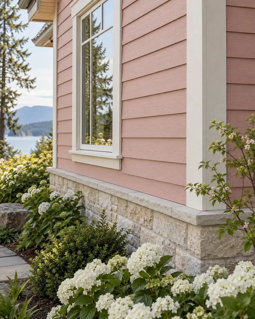 Rose-pink horizontal lap siding with cream corner trim above pale stone and white flowering shrubs.