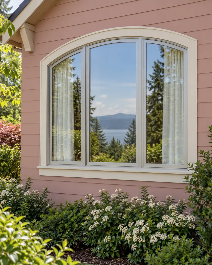 Silver arched-top three-part window with pale curtains in rose-pink siding and cream trim.