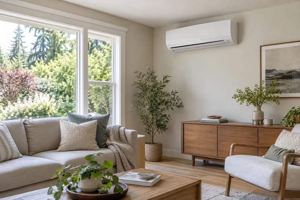 Wall-mounted ductless mini-split in a bright residential living room