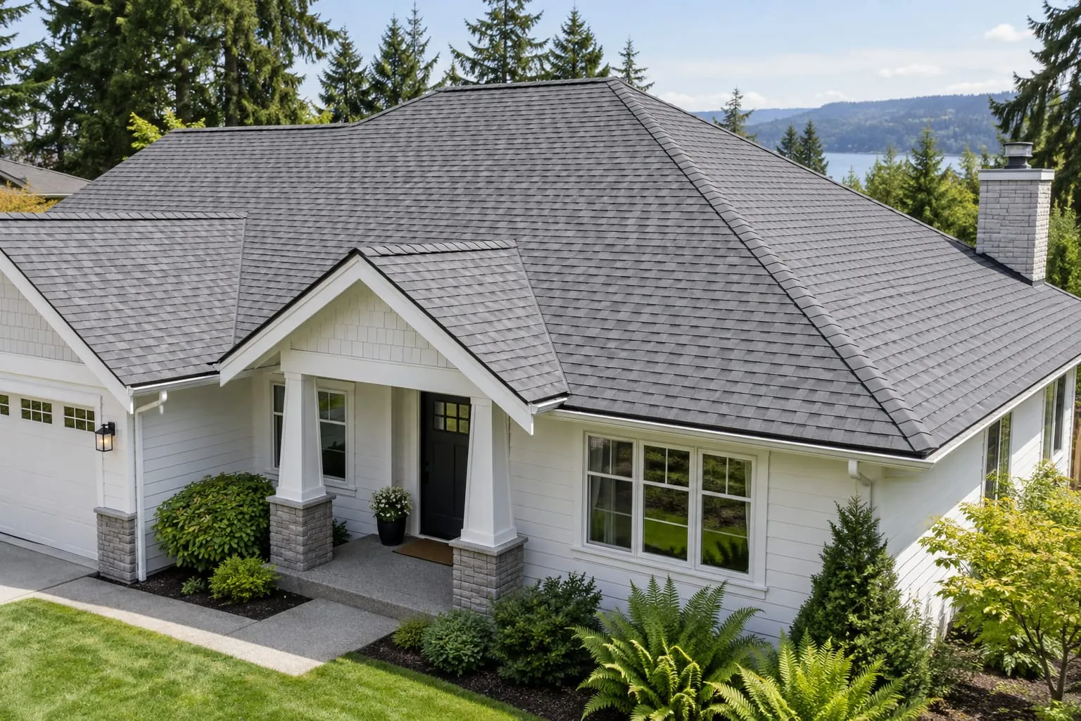 Clean gray asphalt shingle roof on a well-kept Pacific Northwest home
