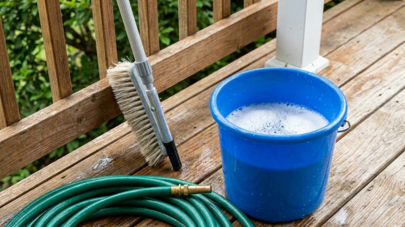 Bucket, soft brush, and garden hose sitting on a deck next to a patio cover.