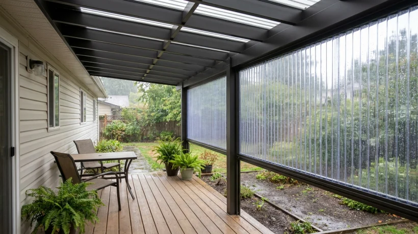 Open sides, wind-driven rain, and optional screening