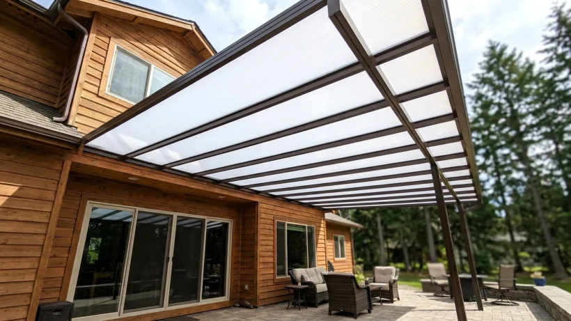 Looking up through a clean, transparent acrylic patio cover at evergreen trees.