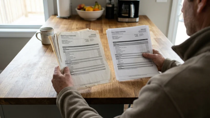 Homeowner comparing two different roofing estimates side-by-side on a table.