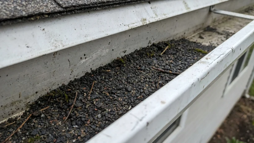 Asphalt shingle granules accumulated in a home's rain gutter.