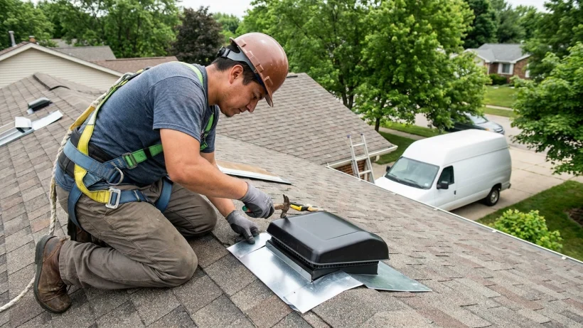 A professional roofing contractor installing flashing around a roof vent.