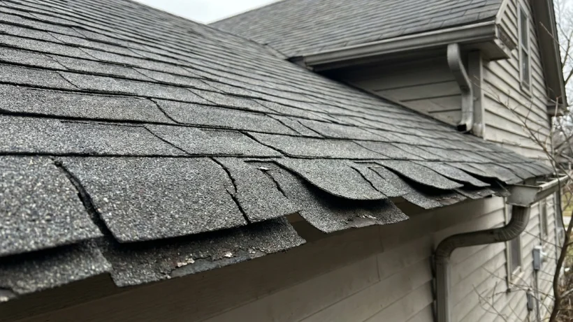 Curling and cracked asphalt shingles on an aging roof.