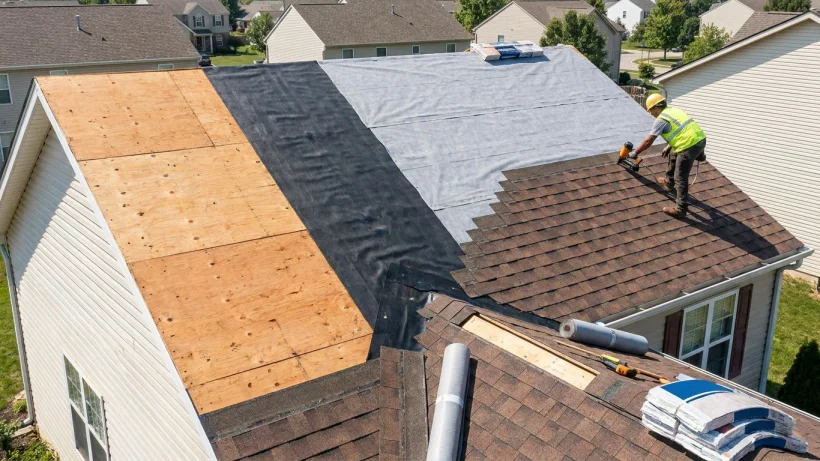 The different layers of a complete roofing system including underlayment and shingles.