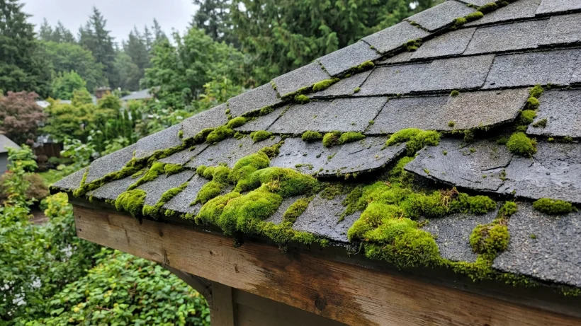 Thick green moss growing under the edges of asphalt shingles.
