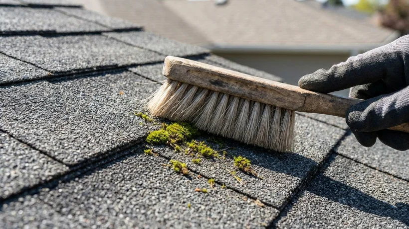 Using a soft brush to safely remove moss from asphalt roof shingles.