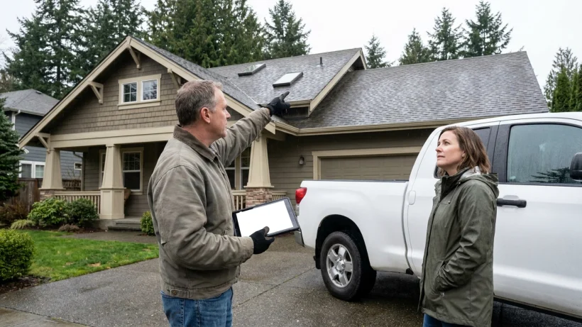Roofing contractor discussing roof ventilation and replacement details with a homeowner.