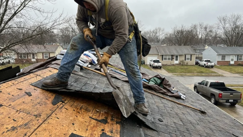 Roof tear-off process showing old shingles being removed to expose the wood decking.
