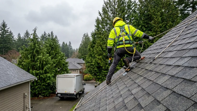 A roofing professional wearing a safety harness installing shingles on a steep roof.