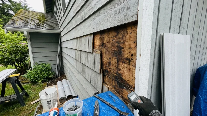 Moisture damage and repairs uncovered during removal