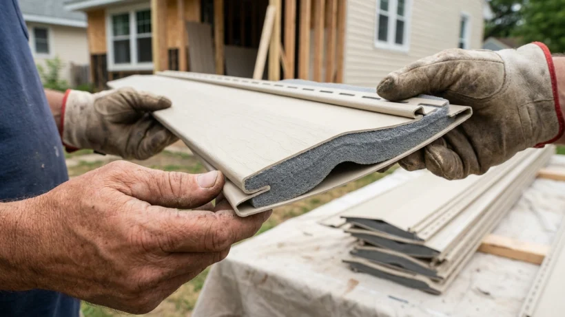 Close-up view of insulated vinyl siding showing the foam backing that improves energy efficiency.