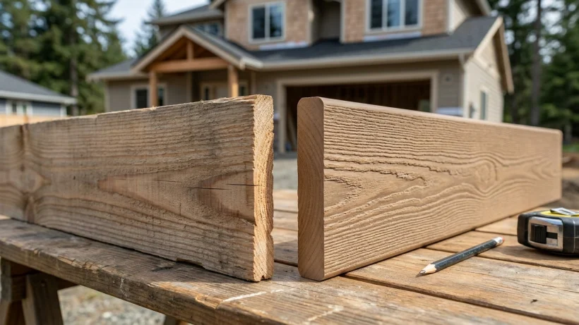 Comparison of natural cedar wood siding and engineered wood siding materials.