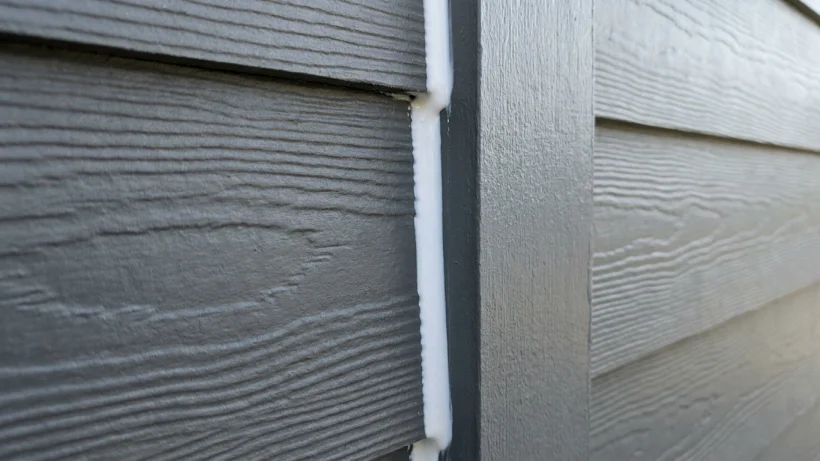 Detailed texture of fiber cement lap siding mimicking natural wood grain.