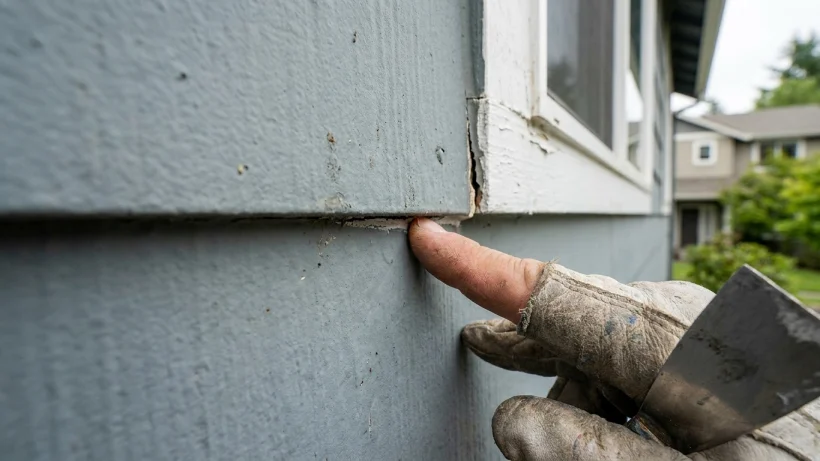 Inspecting exterior window caulking to prevent moisture behind siding.
