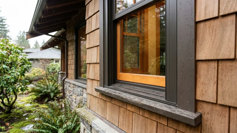 Wood window frame with protective exterior cladding on a Washington craftsman home.