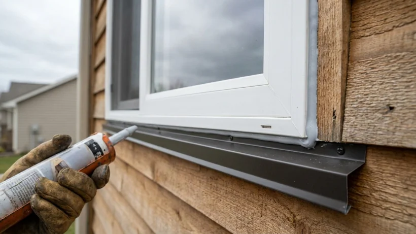 Close up of properly flashed and caulked window frame installation on a house.