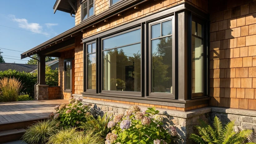 Secure ground-floor double pane window on a Pacific Northwest house.