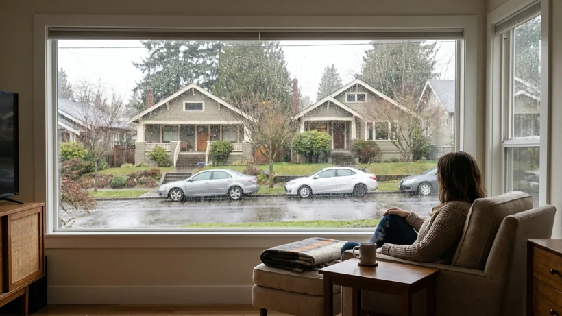 Looking through a clear, energy-efficient window at a rainy Washington neighborhood.