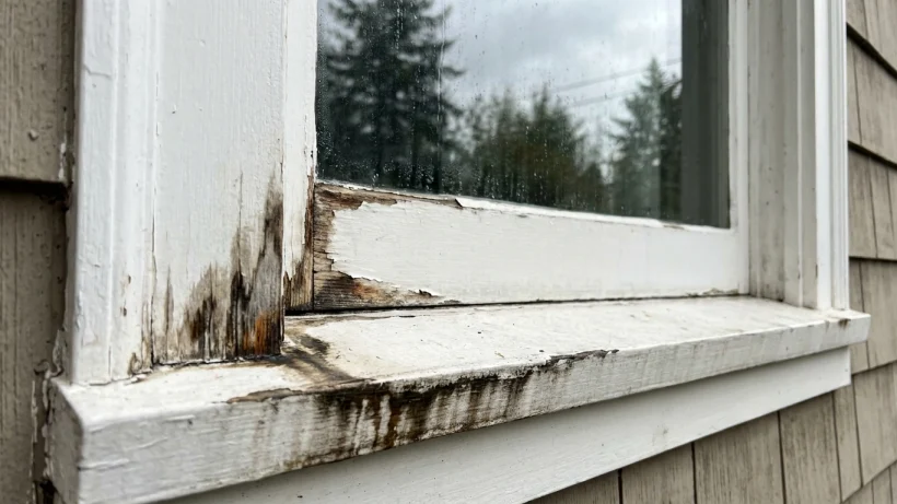 Water damage and peeling paint on a window sill caused by failed window flashing.