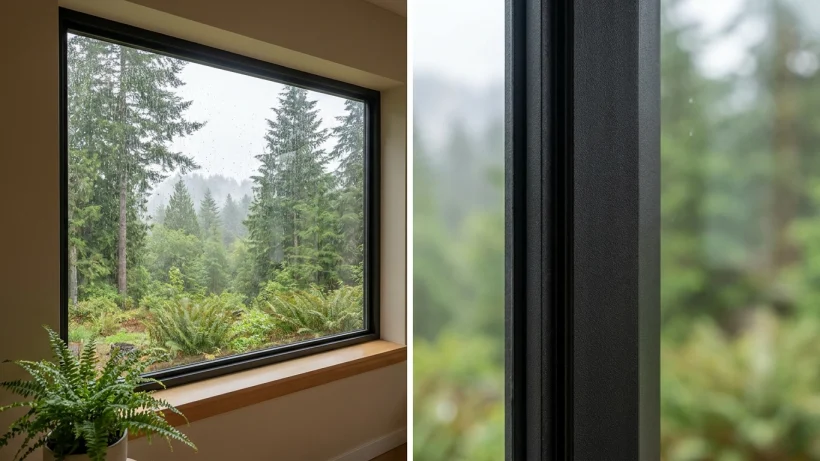 Black fiberglass window frame looking out onto a green Pacific Northwest yard.