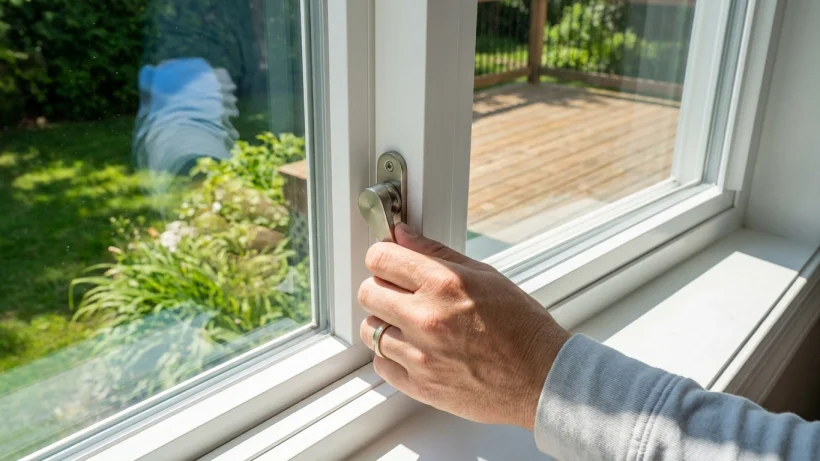 Close up of a secure cam lock on a double-hung replacement window.