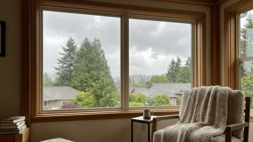 View from inside a warm home looking out a new, energy-efficient window on a rainy day.