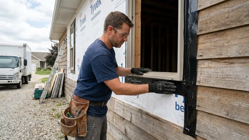 A contractor applying weatherproofing flashing around a new window installation.
