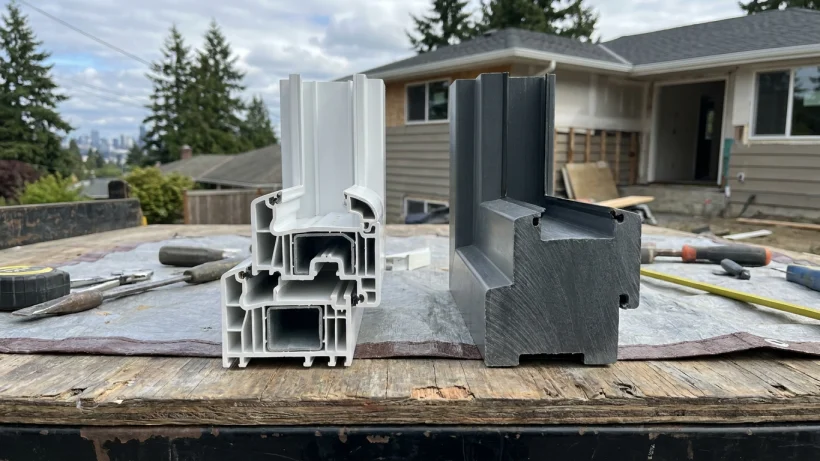 Cross section showing the inside of a vinyl window frame versus a fiberglass window frame.