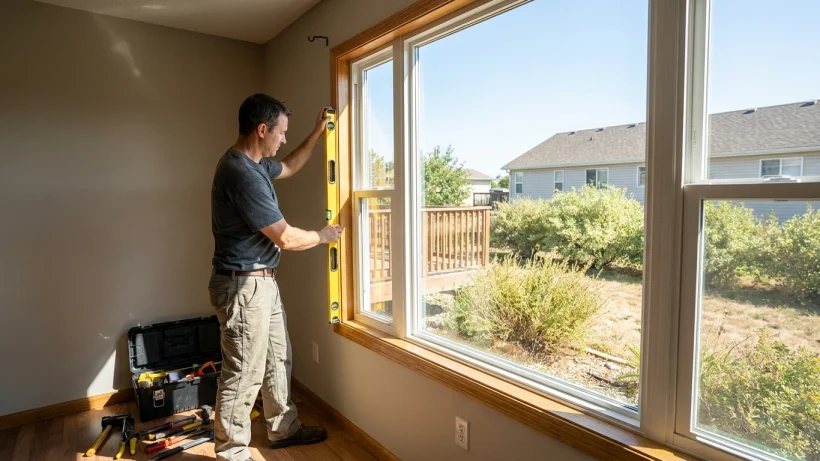 Window installer checking the level of a new frame to ensure perfect lock alignment.