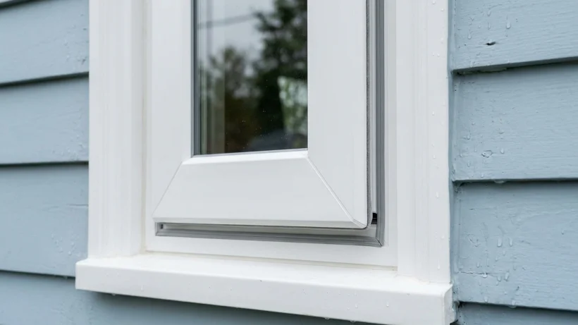 Close-up detail of a white vinyl window frame showing weatherstripping and clean joints.